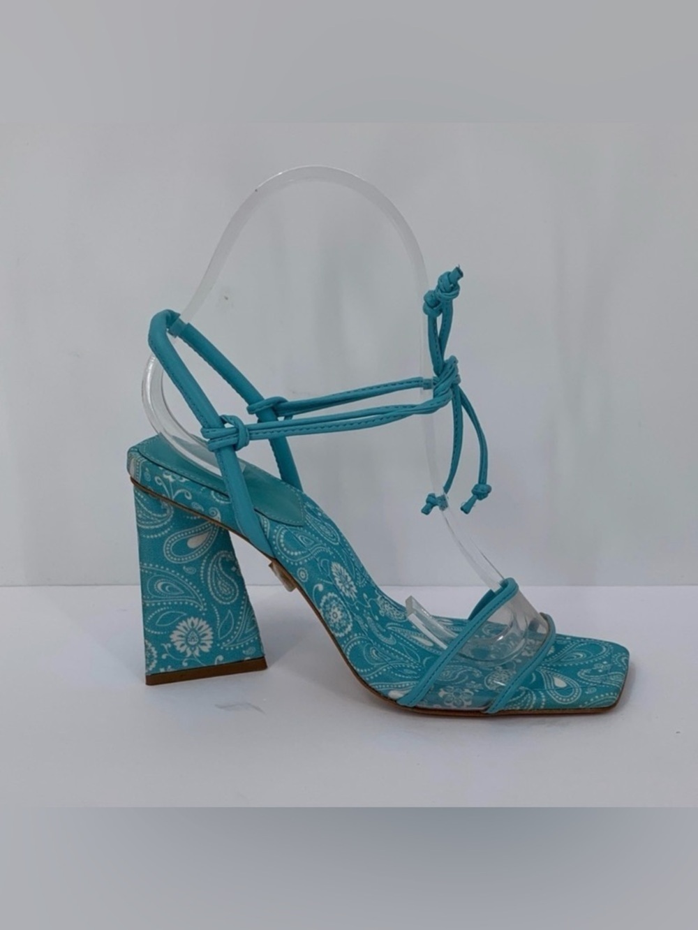 Schutz Gianna strappy sandal heel turquoise blue bandana clear shoe tie new 6